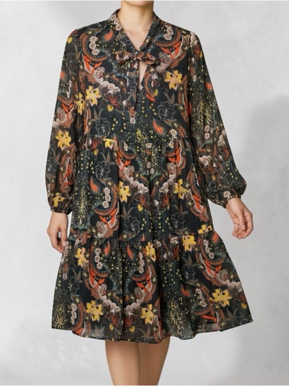 Signature by Robbie Bee Black Floral Paisley Tiered Chiffon Dress Size M